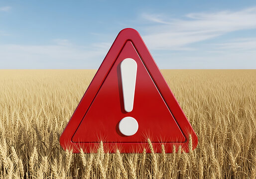 Red warning exclamation mark sign in wheat field with exclamation attention agriculture environmental important emergency