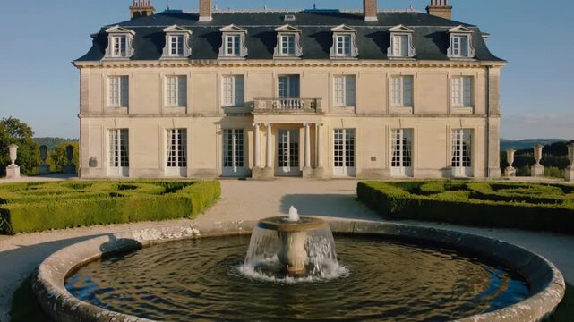 Zooming camera capturing manor and circular fountain at formal forecourt, highlighting ripples