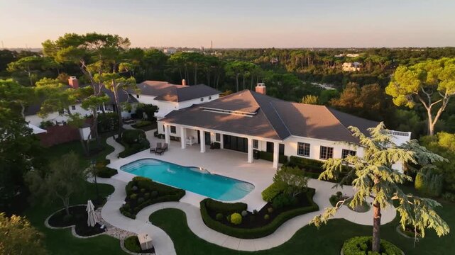 Lowering drone revealing house with pool and columned terrace at suburban estate, showing property