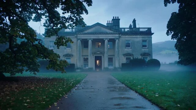 Cooling air causing fog thickening and drifting across damp walkway toward lit manor portico