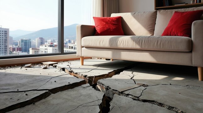 Cracked cement floor in condo living room with sofa. Earthquake damage split ground in modern apartment interior with city view outside window. Broken concrete.