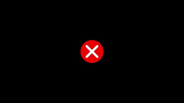 Animated wrong mark red icon appearing. Red circle icon with white cross mark for error or cancel signal. 