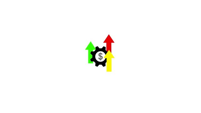 Financial growth icon with gear, dollar symbol and rising colorful arrows.