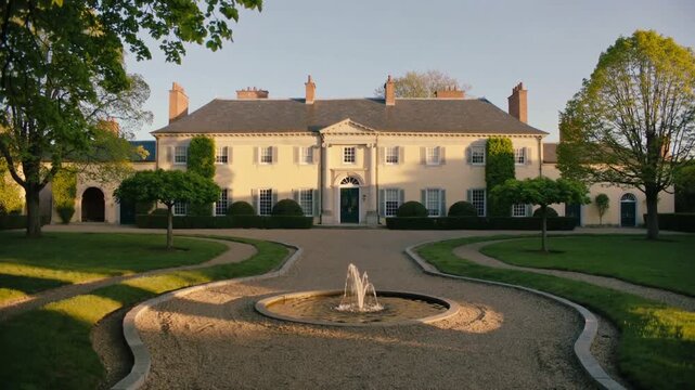 Moving camera revealing two-story mansion at courtyard with gravel drive, showing fountain jets