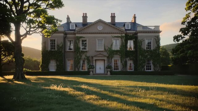 Sun moving lower, Georgian manor showing sash windows and ivy on lawn, shadows lengthening