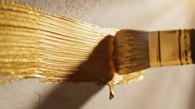 Close up view of paintbrush applying golden paint to a textured surface creating a luxurious effect