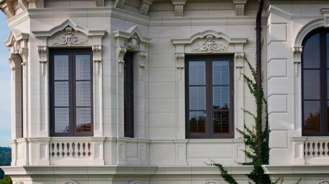 Shifting camera revealing ornate masonry bay at exterior, showing windows, balustrade and vine