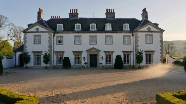 Appearing low bank of dust sweeping across gravel drive at country manor, revealing chimney stacks