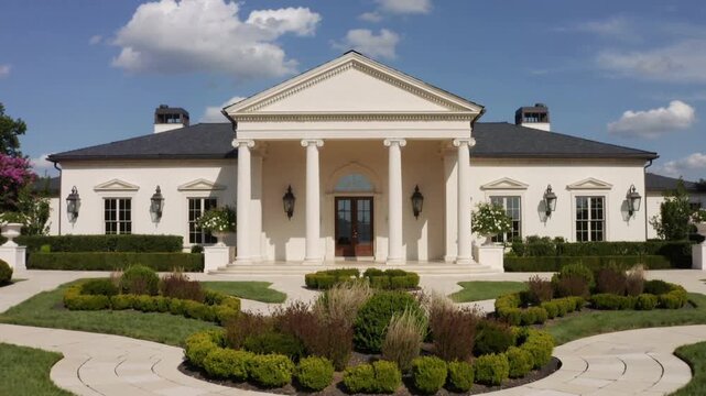 Camera beginning gentle forward move toward classical house from lawn, highlighting portico details