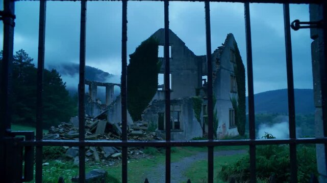 Holding camera revealing ornate iron gate in valley, mist drifting and latch locked for quiet mood