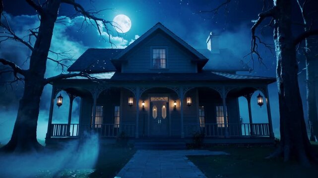 Drifting fog, pushed by gentle breeze, surrounding two-story house at night, revealing lit lanterns