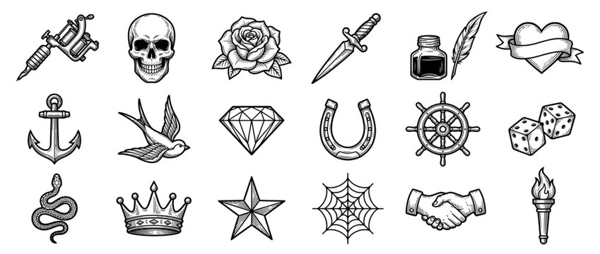 Various traditional tattoo style black and white icons are neatly arranged in rows, featuring classic symbols and objects