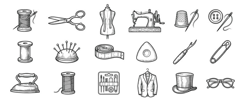 Various vintage black and white sewing and tailoring tools are neatly arranged in a grid pattern, showcasing classic craftsmanship