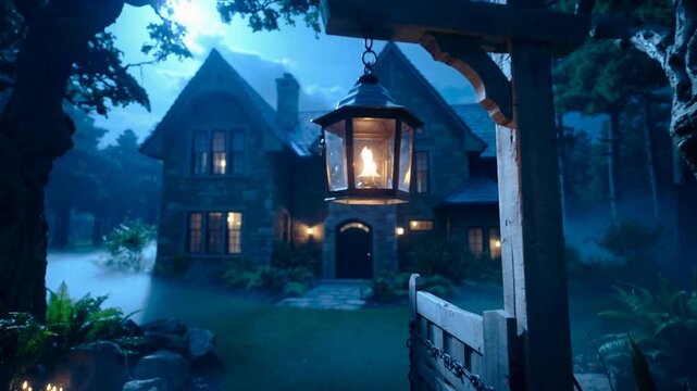 Dollying camera pushing forward toward stone cottage gate at moonlit clearing to highlight lantern
