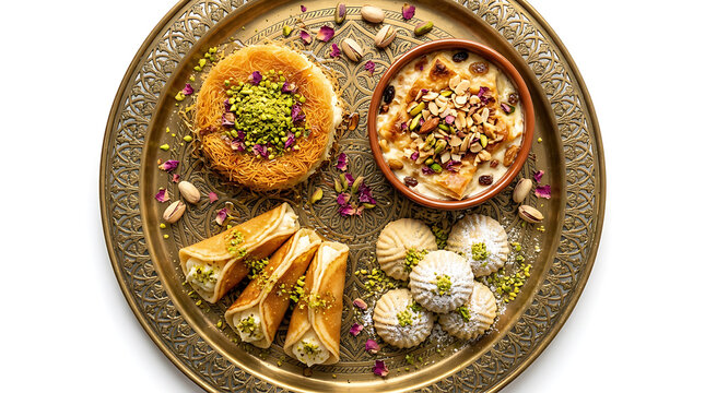 Assorted traditional middle eastern sweets served on an ornate brass tray featuring kunafa qatayef and creamy pudding desserts