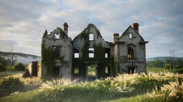 Camera framing ruined two-story stone house in meadow, wind stirring grasses and lifting mist