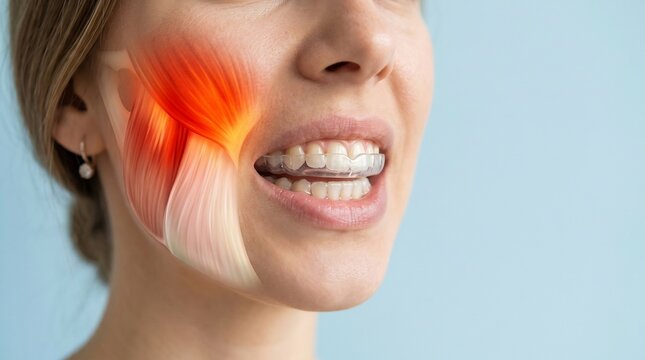 Close-up of woman wearing clear dental splint for jaw pain with anatomical muscle overlay highlighting inflammation