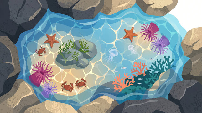 Coastal Rock Pool Marine Life Illustration with Starfish, Anemones and Crabs in Flat Vector Top View