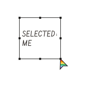 Design software selection box illustration with text and rainbow pride cursor on white. Creative retro aesthetic graphic for LGBTQ pride month, queer identity, digital artist social media stickers.