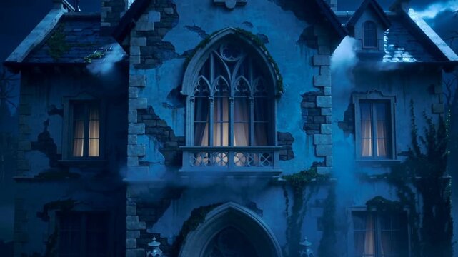Glowing Gothic house showing interior lights turning on at night, fog drifting around eaves