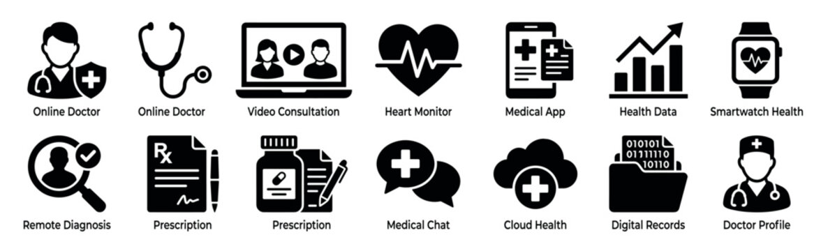 Comprehensive set of black glyph icons representing various aspects of modern digital healthcare and medical services