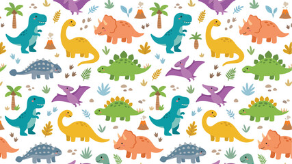 Obraz premium Colorful Cartoon Dinosaurs Pattern: A Whimsical Repeating Illustration of Prehistoric Reptiles.