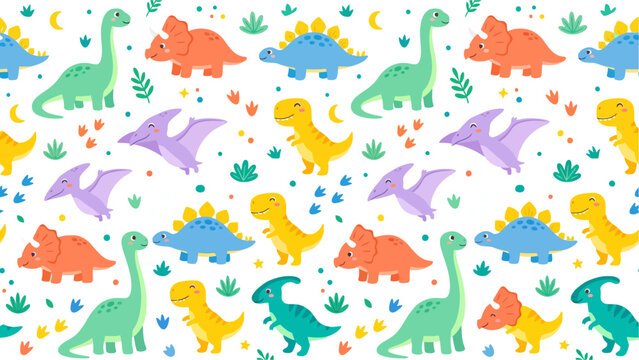 Whimsical colorful dinosaur pattern featuring cartoon creatures for kids decor.