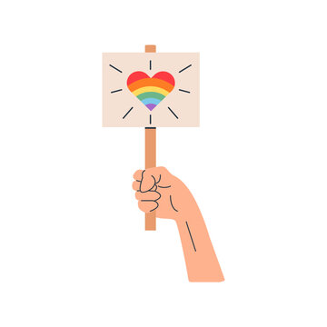 Hand holding a protest sign with a rainbow pride heart illustration isolated on white. Minimalist activism graphic for LGBTQ pride month, queer rights rally, inclusive social media stickers. Vector.