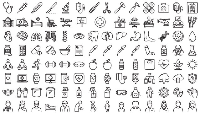 Medical and healthcare outline icon set with anatomy treatment tools pharmacy diagnosis and wellness symbols for health app design