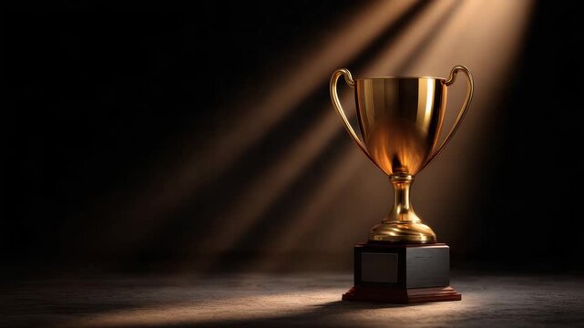 Gold Trophy Cup Award Under Spotlight On Dark Stage With Dramatic Shadow, Wooden Base, Victory Prize, Competition Champion Podium, Symbol Of Success And Celebration