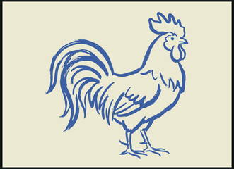Fototapeta premium Elegant blue line drawing of rooster in profile facing right with detailed feathers on beige background showing calm artistic simplicity