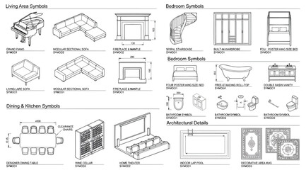 Interior design symbols for living room bedroom and kitchen floor plans © S.Siam