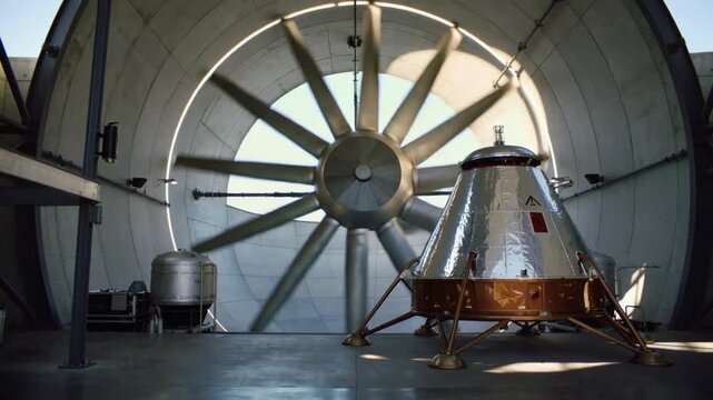 Starting axial fan spinning, pushing air across foil cone module in chamber for testing, copy space