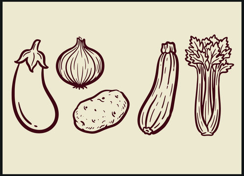 Minimalist line drawing of vegetables including eggplant onion potato zucchini and celery arranged horizontally on light background