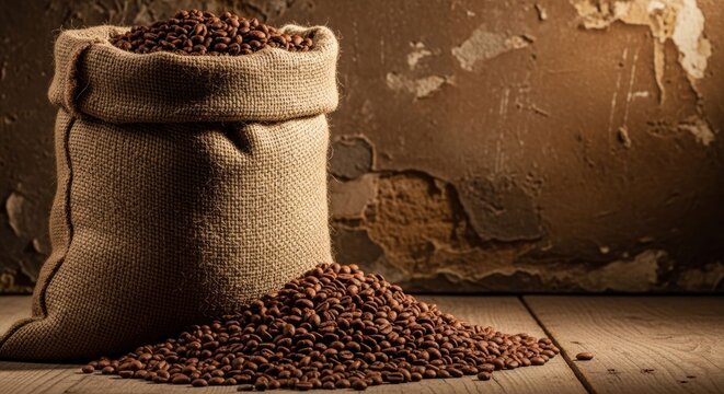 A Burlap Sack Overflowing with Roasted Coffee Beans on a Wooden Surface 2.