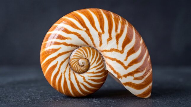 Beautiful nautilus seashell with spiral pattern on dark table