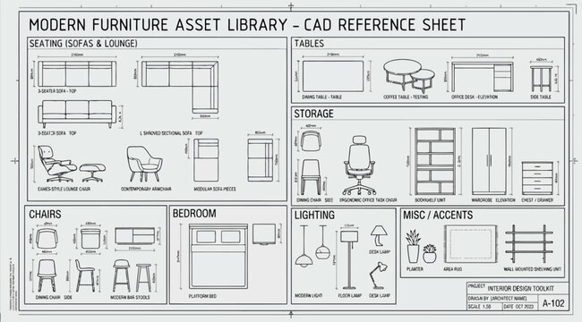 Modern furniture asset library cad reference sheet for interior design