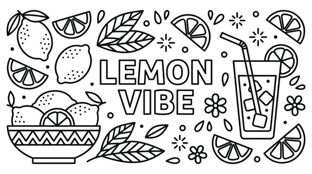 Lemon vibe hand drawn set with fresh fruit and citrus drink theme.