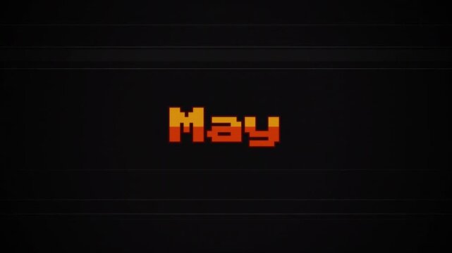 Retro May 8-Bit Pixel Text Animation on Glitchy VHS Screen, Vintage Arcade Game Style, Old TV Interference, Distorted Gaming Intro, Nostalgic 80s Motion Graphic 4k video
