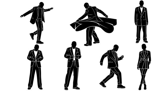 Black Silhouette Set of Men and Women in Formal Business Suits