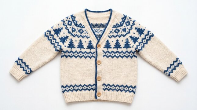Knitted wool cardigan sweater with blue winter pattern