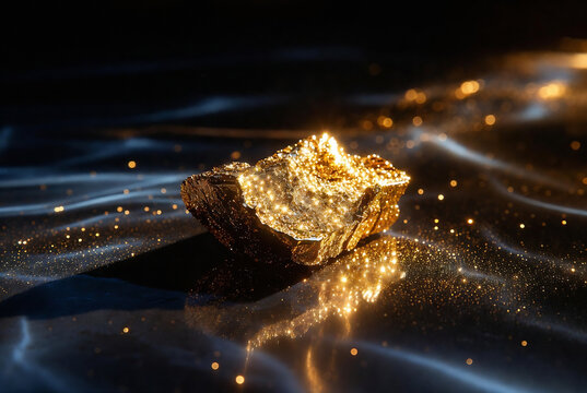 A glittering, golden nugget rests on dark, rippling water under dramatic lighting.