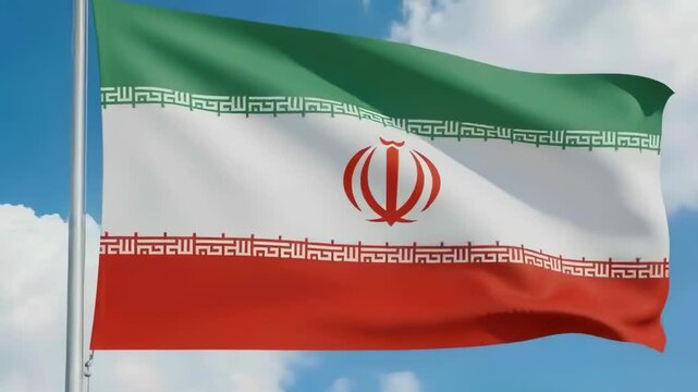 Billowing national flag with green-white-red stripes and kufic banding at flagpole reacting to wind