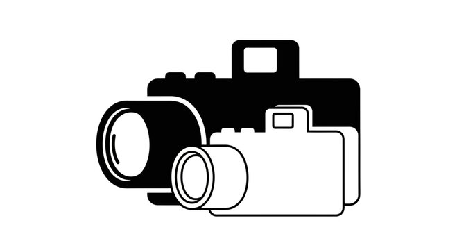 Vintage and modern camera illustration, showcasing the evolution of photography equipment in monochrome