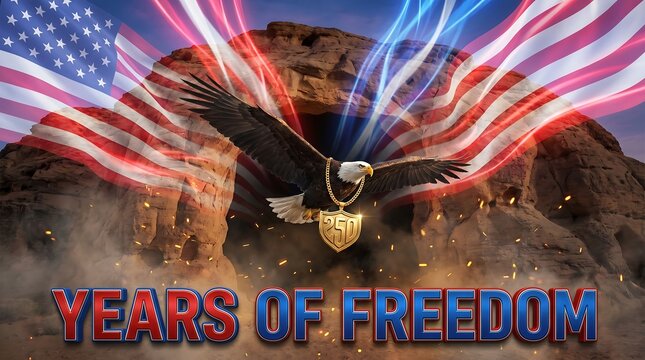American bald eagle with gold chain and 250 shield pendant flying in front of waving usa flags on rocky mountain background with years of freedom text