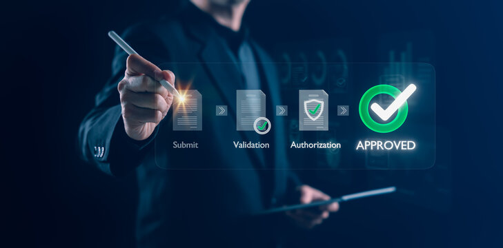 Businessman using stylus on tablet to manage digital workflow showing submit, validation, authorization, and approved steps, representing automated business processes and secure compliance systems.