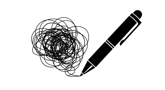 Abstract illustration of a pen and tangled scribbles, symbolizing creativity and complex ideas