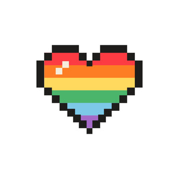 Pixel art rainbow pride heart icon isolated on white. 8-bit retro gaming aesthetic heart with rainbow flag stripes for LGBTQ pride month celebration, queer love, and nostalgic digital stickers. Vector