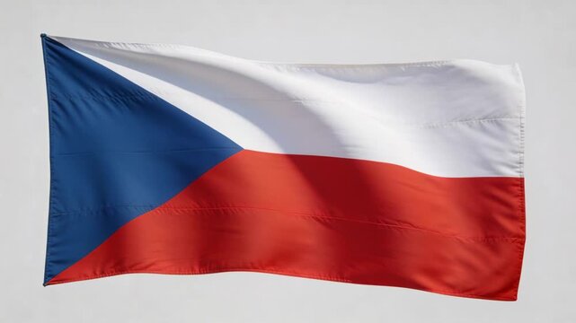 Blowing wind gusts moving national flag across pale sky, showing blue hoist triangle stitching