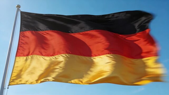 Fluttering black red gold flag forming waves on metal pole over blue sky, wind picking up